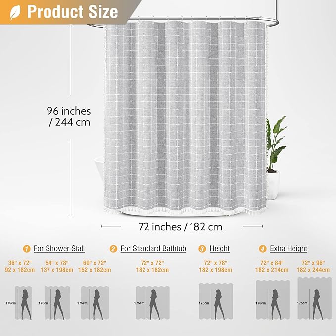 BTTN Extra Long Shower Curtain - 72x96 Inch Long Boho Chic Linen Fabric Heavy Duty Shower Curtain Set with Hooks, Tall Bohemian Farmhouse Luxury Tassel Cloth Shower Curtains for Bathroom - Gray/Grey