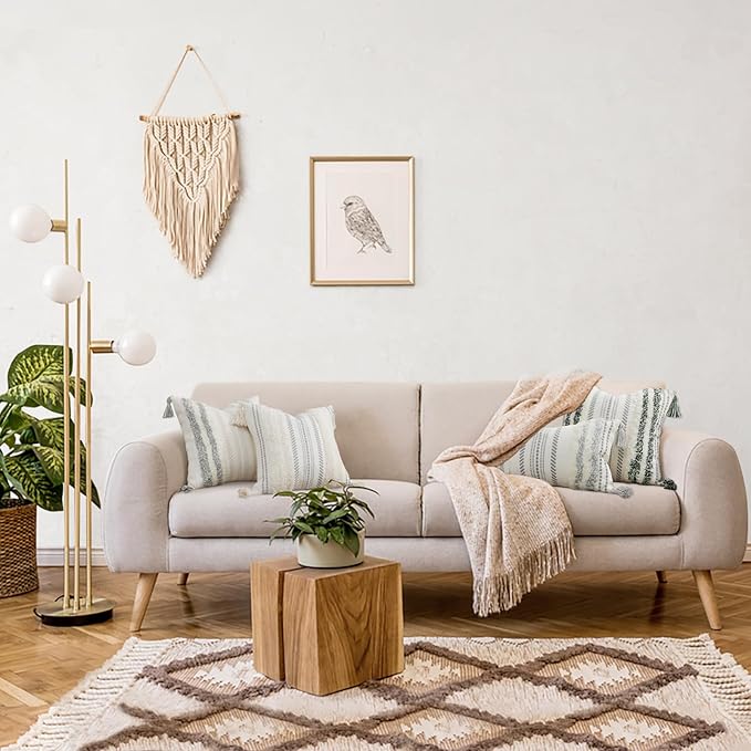 decorUhome Decorative Boho Throw Pillow Cover 18x18, Accent Neutral Textured Tufted Pillow Cover Striped for Couch Bed Sofa, Green and Cream White, Pack of 1