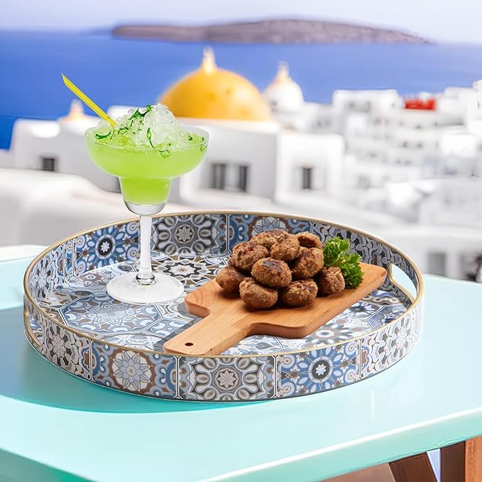 Round Serving Tray with Handles - Boho Coffee Table Tray Ottoman Tray,Large Trays for Ottoman Coffee Table,Modern Decorative Trays for Living Room