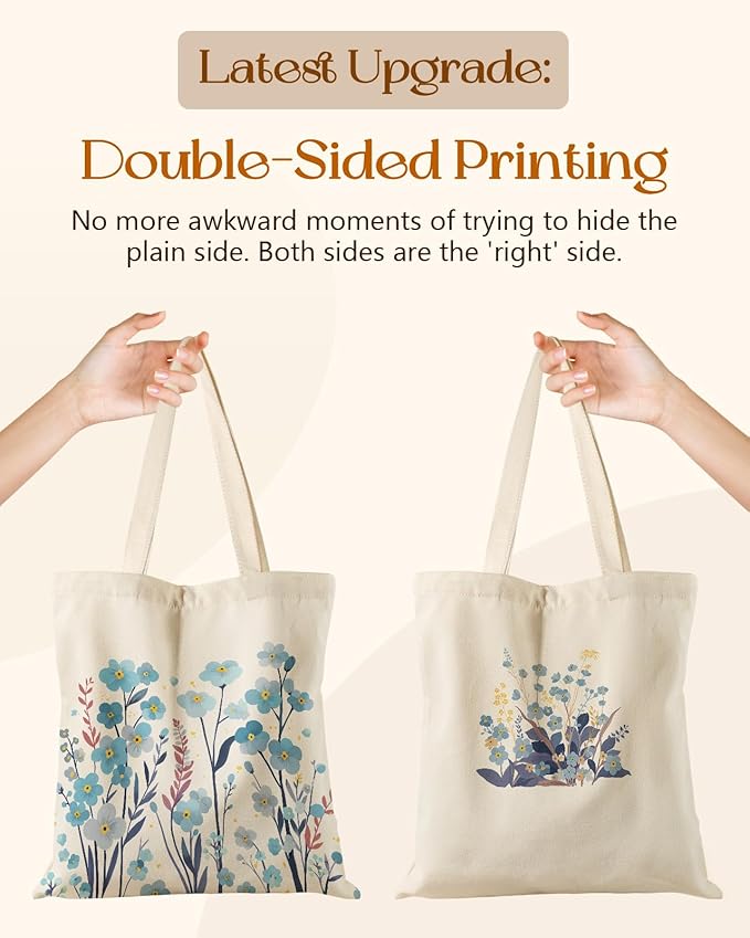 Canvas Tote Bag for Women – Aesthetic Canvas Bag with Zipper Cute Stylish Reusable Shoulder Totes for Shopping Work Daily Vacation, Blue Flowers