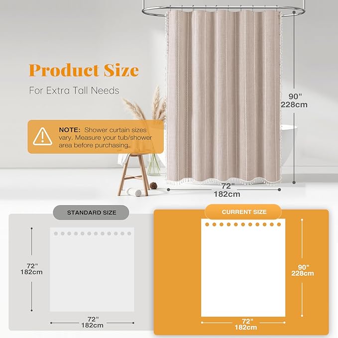 BTTN Extra Long Shower Curtain - 72x90 Striped Boho Chic Linen Fabric Heavy Duty Shower Curtain Set with 12 Plastic Hook, Bohemian Farmhouse Luxury Tassel Cloth Shower Curtain for Bathroom, Tan/Taupe