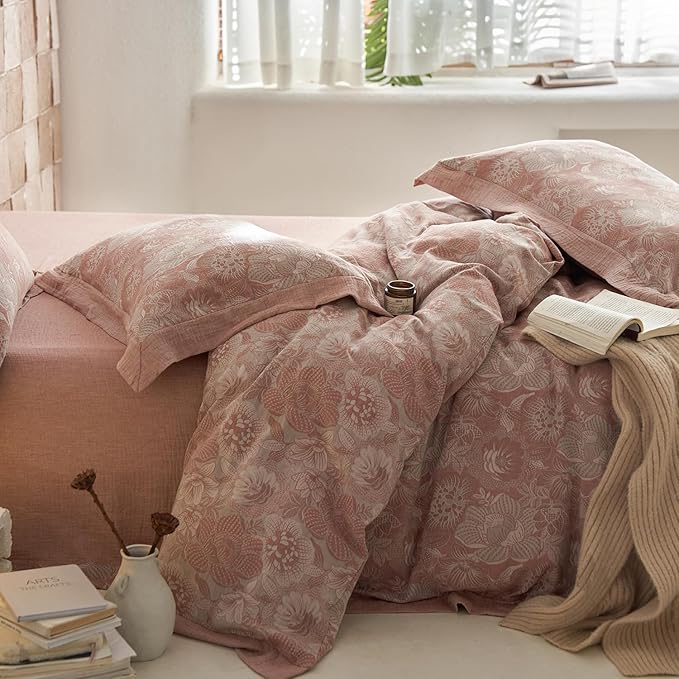 mixinni Duvet Cover Queen, Premium Cotton Double-Layer Yarn Pink Floral Jacquard Comforter Cover with Edge Design, Farmhouse Bedding Set with 2 Pillowcases Perfect for Him and Her-Queen Size