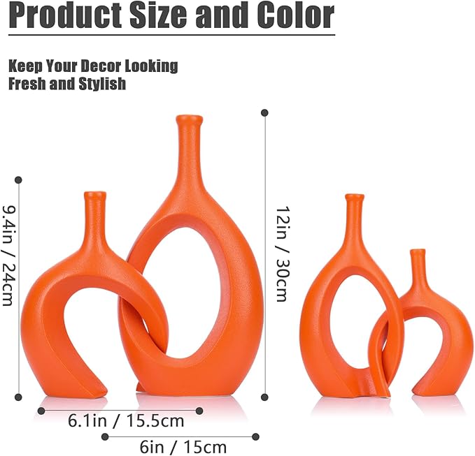 Orange Unique Hollow Bud Vases Set of 2,Modern Snuggle and Huging Style Ceramic Vase for Pampas Grass,Living Room Decorations for Fireplace,Coffee Table Centerpiece,Mantle,Bookshelf Decor