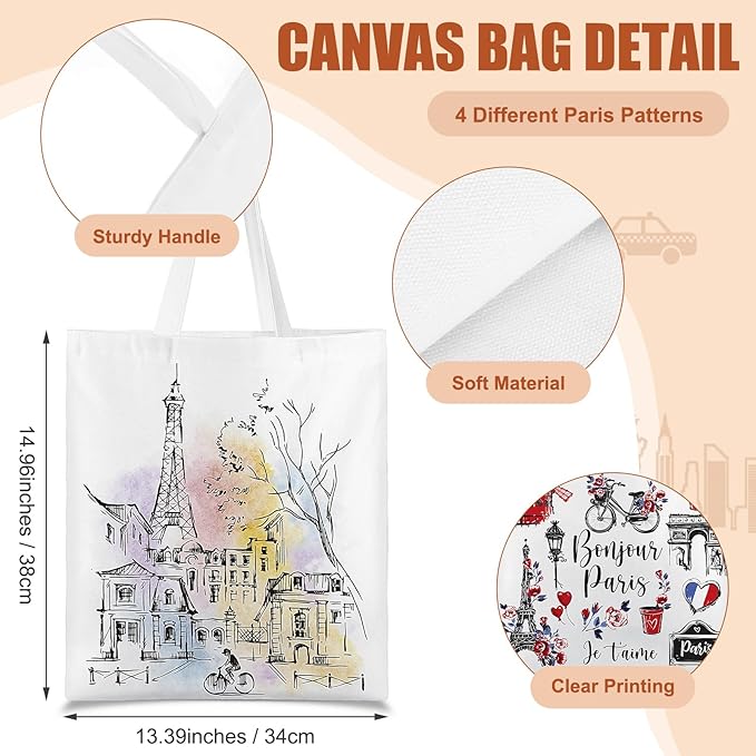 Paterr 4 Pcs City Souvenir Tote Bag-New York Chicago Seattle Los Angeles Boston San Francisco Paris Italy Las Vegas Nashville