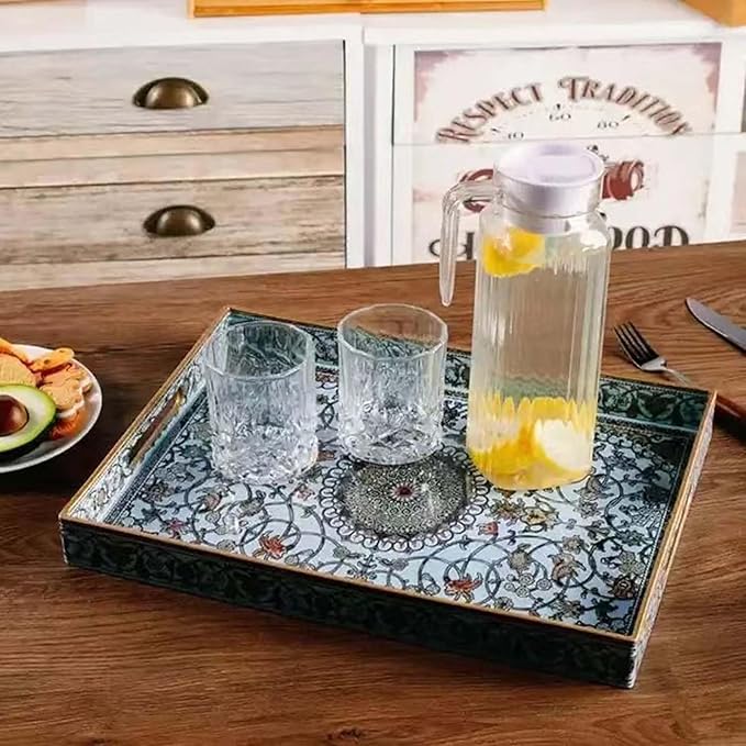 Large Plastic Serving Tray with Handles,Decorative Tray for Ottoman Coffee Table,Large Rectangular Boho Tray for Living Room Bathroom and Kitchen Counter,16"X12"