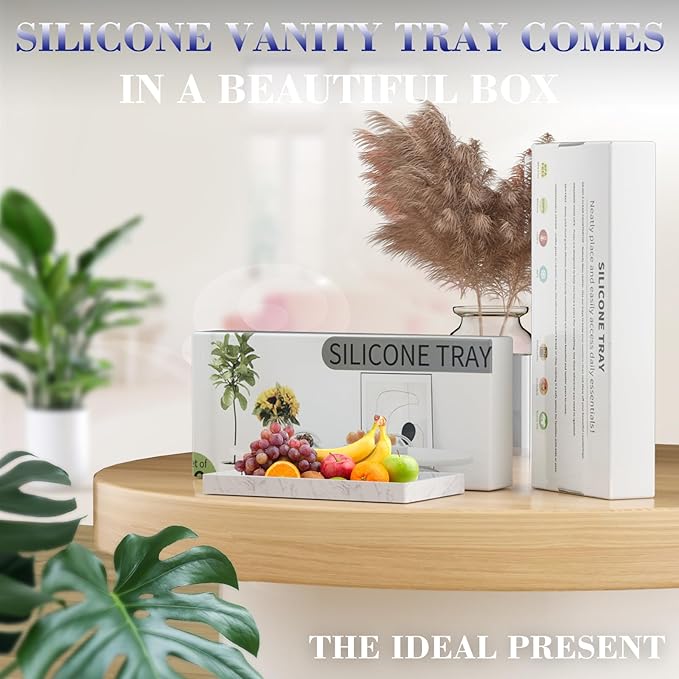 BBK Bathroom Vanity Tray 7.8 in - 2 Pack(Small) Silicone Bathroom Tray for Counter, Perfume Key Trinket Ring Tray, Decor Soap Dispenser Countertop Tray for Kitchen Sink Organization (Faux Marble Look)