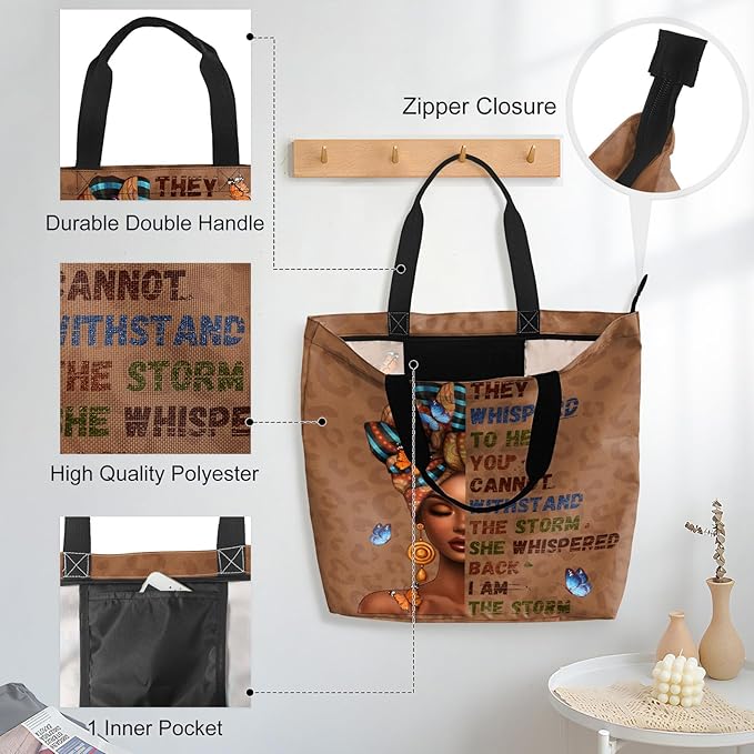 African American Women Tote Bag Black Shoulder Handbag For Women Fit Work Beach Labtops With Zip