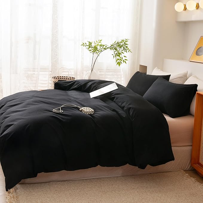 ECOCOTT 3 Pieces Duvet Cover Queen Size 100% Washed Cotton 1 Duvet Cover with Zipper and 2 Pillowcases, Ultra Soft and Easy Care Breathable Cozy Simple Style Bedding Set (Black,Queen)