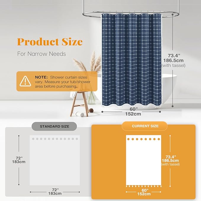 BTTN 60 Inch Stall Shower Curtain - Boho Farmhouse Linen Thick Fabric Cloth Shower Curtain Set with 10 Plastic Hooks, Narrow Bohemian Country Decorative Shower Curtain for Bathroom - 60x72 - Navy Blue