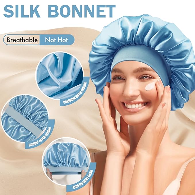 Satin Silk Bonnet for Sleeping, Double Layer Silk Sleep Cap for Men & Women, Soft Satin Lined Bonnet for Natural & Curly Hair(Light Blue)