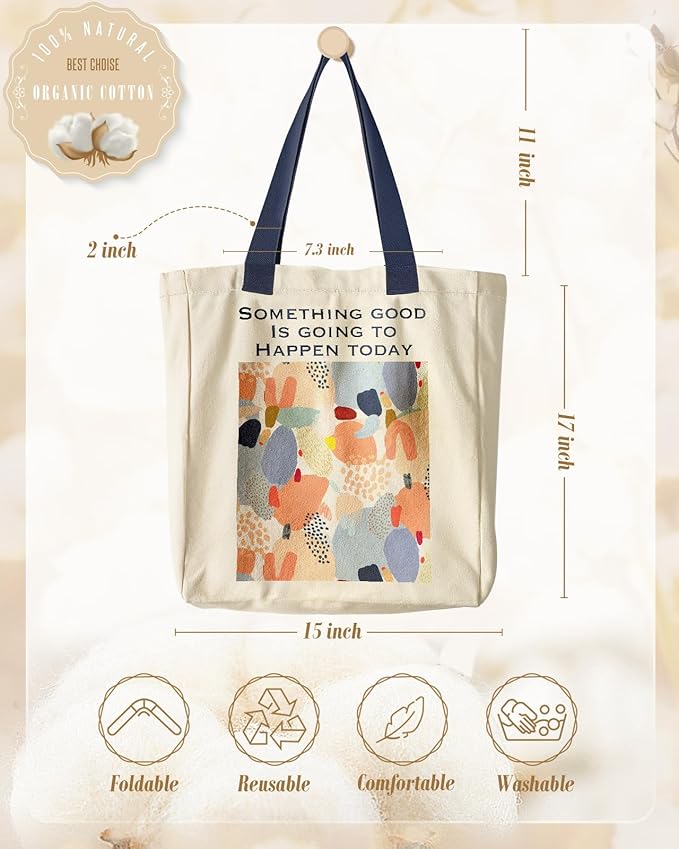 Aesthetic Heavy Canvas Tote Bag with Pocket for Women, Cloth Gusseted Totes Bag with Pattern for Shopping