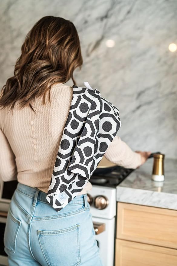 || 3 Pack|| Double Sided || Not Your Ordinary Dish Towels || Waffle Weave Microfiber || Highly Absorbent || Hanging Loop || Dish Cloths || Modern || Designer Prints (Black)