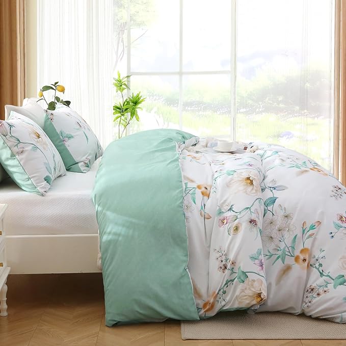 Duvet Cover King Size, Reversible Floral Vintage Duvet Cover Set with Zipper Closure, 3 Pieces Botanical Patterns Soft Microfiber Bedding Set (90"x104", 2 Pillow Cases 20"×36", Colorful Green Branch)