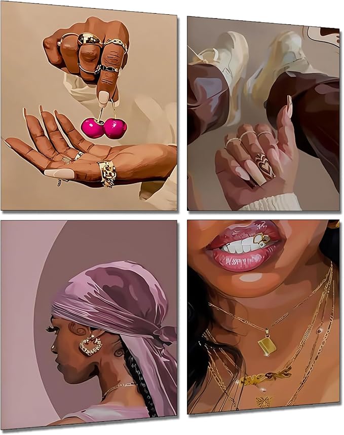 4 PCS Fashion Black Woman Aesthetic Poster Set Empowering Trendy Wall Art Abstract Black Girl Painting Magic Canvas Picture Prints for Bedroom Living Room Beauty Salon Office Decor 12x16 Inch Unframe