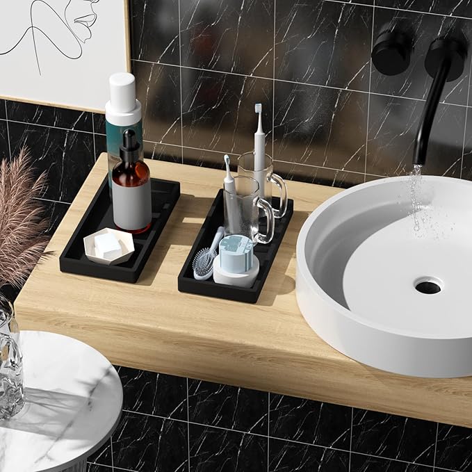 BBK Bathroom Vanity Tray 7.8 in - 2 Pack(Small) Silicone Bathroom Tray for Counter, Perfume Key Trinket Ring Tray, Decor Soap Dispenser Countertop Tray for Kitchen Sink Organization (Black)