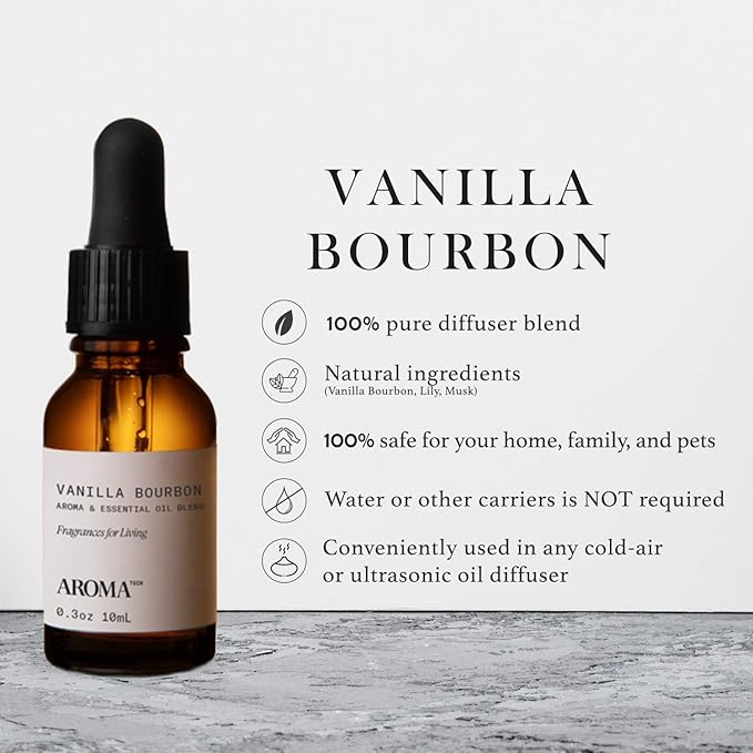 AromaTech Vanilla Bourbon Aroma Essential Oil Blend: Luxury Hotel Inspired Aromatherapy with Vanilla Bean, Bourbon & Oak Barrel for Ultrasonic Diffusers & Nebulizers - 0.3 fl oz, 10 mL