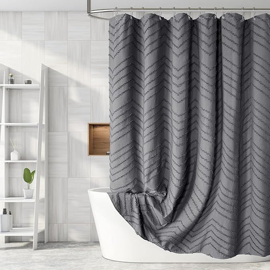 Boho Gray Shower Curtain Tufted Chevron Striped Shabby Chic Textured Cloth Shower Curtains for Bathroom, Modern Farmhouse Waterproof Shower Curtain, 72x72