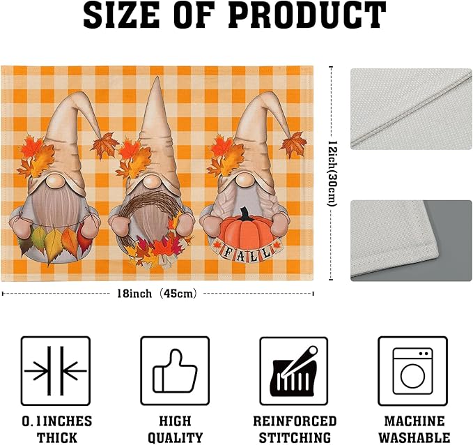 Giwawa Fall Gnome Placemats Set of 4- Autumn Thanksgiving Pumpkins Maple Leaves Table Mats 12"x18"- Orange White Checkered Plaids Linen Heat Resistant Place Mat for Kitchen Dining Farmhouse Decor