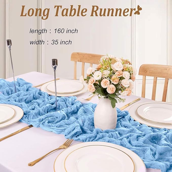 Light Baby Blue Cheesecloth Table Runner 13.3FT Long Bridal Baby Boy Shower Birthday Party Decorations Summer Sheer Gauze Boho Table Runner Wedding Dining Table Decorations