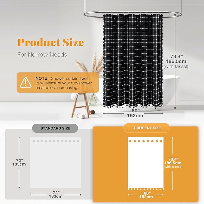 BTTN 60 Inch Stall Shower Curtain - Boho Farmhouse Linen Thick Fabric Cloth Shower Curtain Set with 10 Plastic Hooks, Bohemian Country Decorative Shower Curtain for Bathroom, 60x72, Black and White