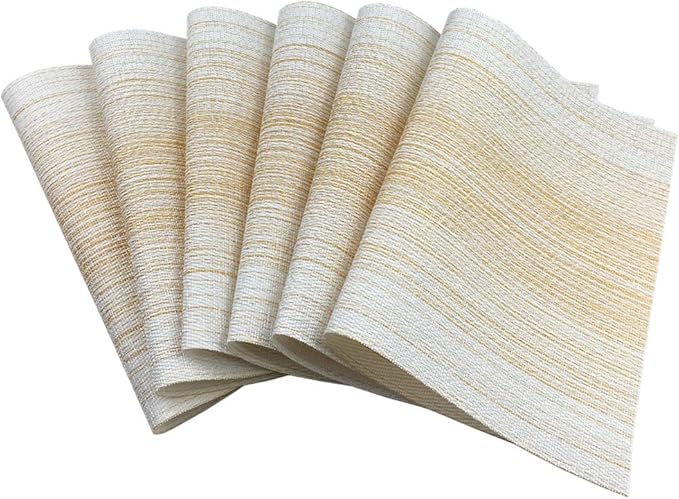 Placemat,Blending Color Durable Woven Vinyl Placemat Washable Heat-Resistant Anti-Skid Kitchen Dining Table Mats (Set of 6, Yellow with White)