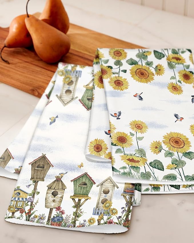 Microfiber Kitchen Towels - Set of 2 Dish Towels for Kitchen 18 x 26 Inch Home Decoration Farm Sunflower Cute Spring Hand Towels Soft & Absorbent Aesthetic Design