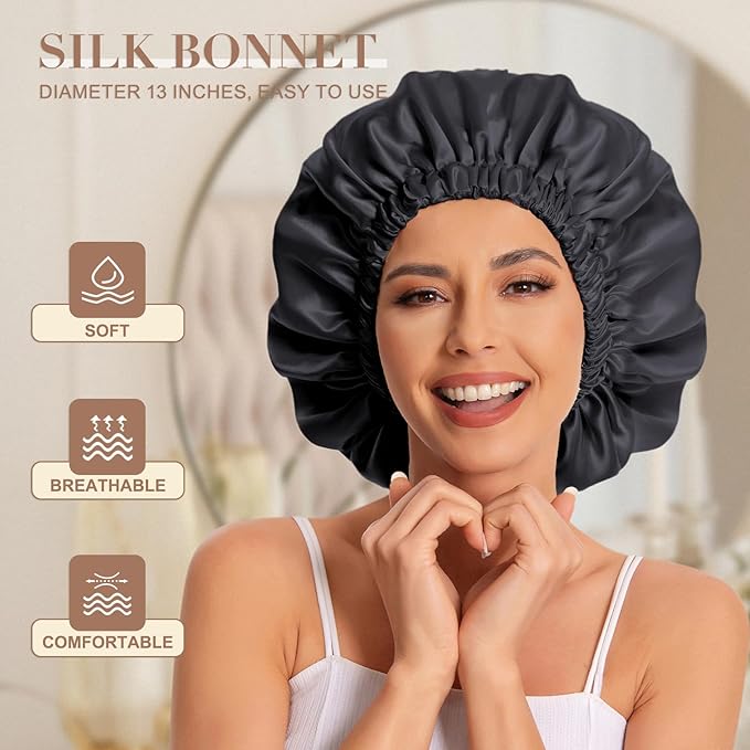 Satin Bonnet Silk Bonnet Hair Bonnet for Sleeping-Slouchy Beanie Hat Satin Sleep Cap for Women's Natural & Curly Hair(2Pcs Black)
