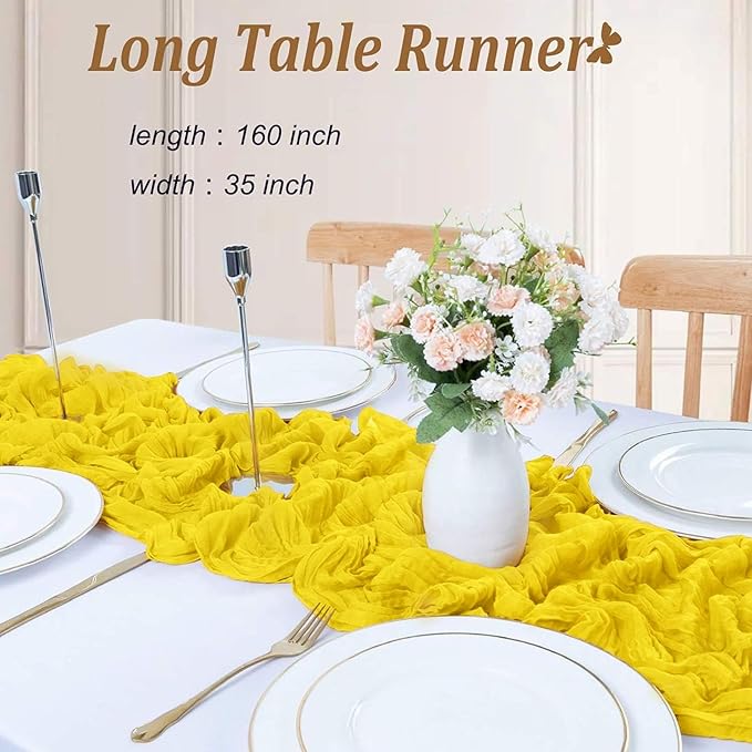 13.3FT Light Yellow Cheesecloth Table Runner Transparent Boho Table Runner Rustic Gauze Wedding Dining Table Decorations for Holiday Birthday Party Baby Shower Event Decorations