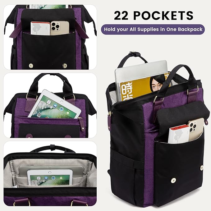 LOVEVOOK Laptop Backpack for Women Work Travel Backpack Commuter Business Computer Bag Teacher Doctor Nurse Bags College Backpack Purse, 17 Inch, Black-Purple-Purple