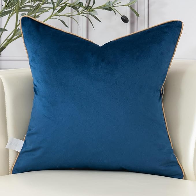 Aeckself European Floral Pillow Cover 16x16 Inch, Luxury Velvet Embroidered Decorative Throw Pillow Cover for Couch Bedroom Living Room, Navy Blue and Gold