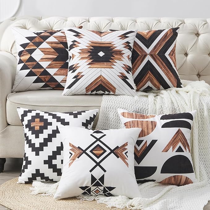 Aztec Throw Pillow Covers Set of 6,Rustic Southwestern Western Brown Wooden Texture Home Decor Ethnic Farmhouse Outdoor Couch Decorative Cushion Case 18"X18"