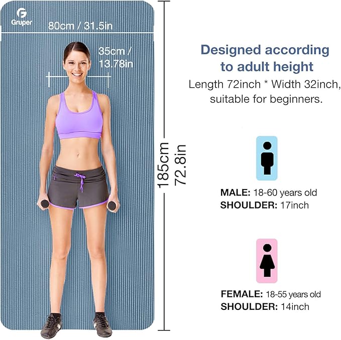 Yoga Mat Non Slip NBR Thick Yoga Mat, 72"L x 32"W x 0.6"TH (185cm x 80cm x 15mm), Anti-Tear Exercise Mat with Carrying Strap and Bag, Workout Mats for Yoga, Pilates and Floor Exercises