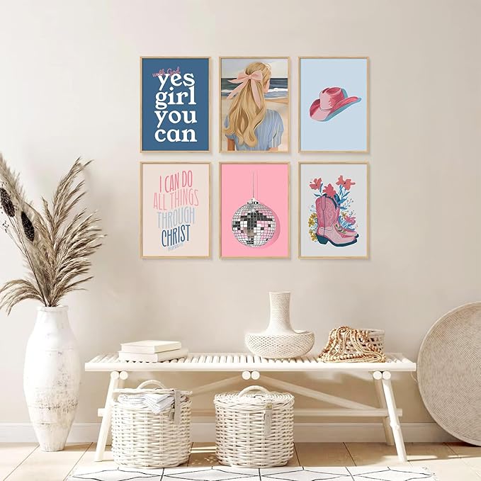 6 Pcs Christian Girly Wall Art Coastal Cowgirl Poster Vintage Beachy Canvas Prints Clean Girl Aesthetic Painting Granddaughter Room Decor Preppy Trendy Picture for Dorm 12X16Inch