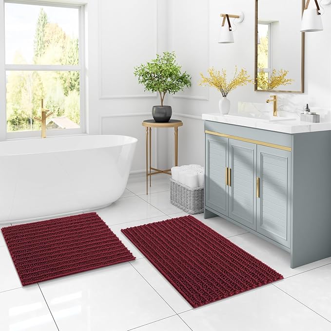 Arotive Luxury Chenille Bathroom Rug Mat, Extra Soft Thick Absorbent Shaggy Bath Rugs, Non-Slip Machine Wash Dry, Plush Bath Mats for Bathroom, Shower and Tub, 44x24, Burgundy
