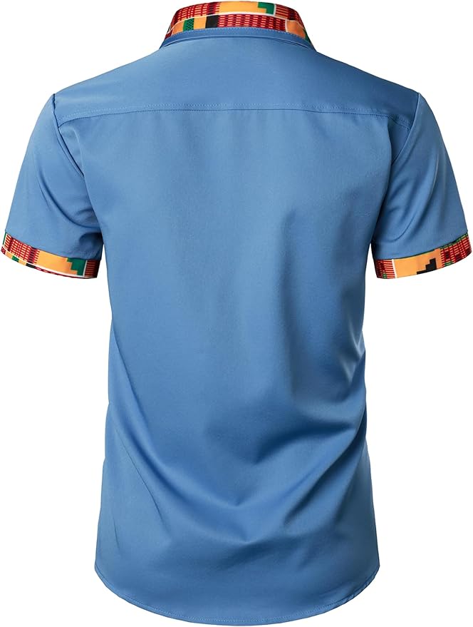 ZEROYAA Men's African Printed Patchwork Design Short Sleeve Button up Shirt