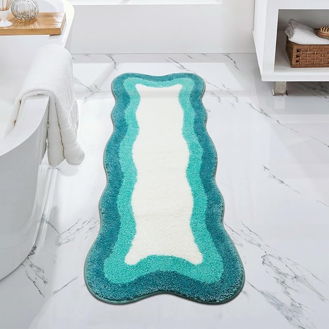 HAOCOO Irregular Shape Bathroom Rug Runner, 18x47 inch Soft Aqua Gradient Non Slip Bathtub Mat,Microfiber Washable Runner Rug Room Decor Aesthetic Carpet for Doormat Tub Bedside Bathroom Decor