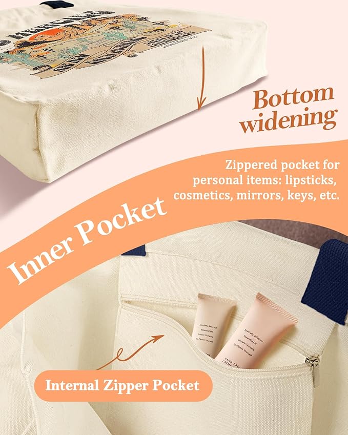 Aesthetic Heavy Canvas Tote Bag with Pocket for Women, Cloth Gusseted Totes Bag with Pattern for Shopping