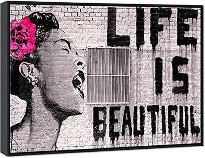 Wieco Art Framed Art Canvas Prints of Banksy Life is Beautiful Abstract Artwork for Wall Decor Black Frame BANKSY-2-6090-BF