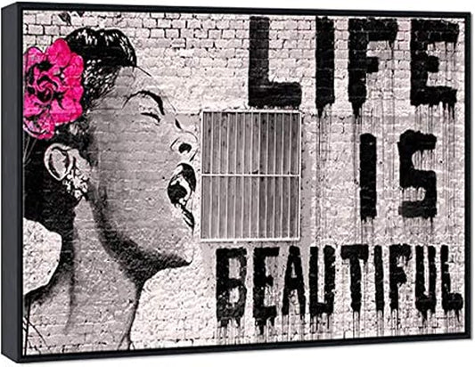 Wieco Art Framed Art Canvas Prints of Banksy Life is Beautiful Abstract Artwork for Wall Decor Black Frame BANKSY-2-6090-BF