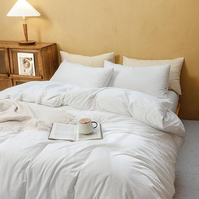 FOSSA Duvet Cover Set 100% Washed Cotton Linen Feel Super Soft Breathable Cozy 3 Pieces Bedding Sets Solid Off White Super King