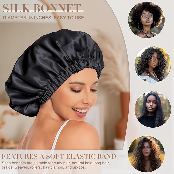 Satin Bonnet Silk Bonnet Hair Bonnet for Sleeping-Slouchy Beanie Hat Satin Sleep Cap for Women's Natural & Curly Hair(2Pcs Black)