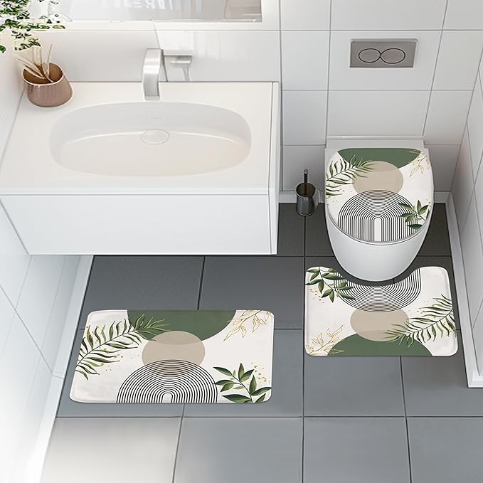 4 PCS Green Boho 72Wx72H Shower Curtain Set Abstract Gold Grey Modern Minimalist Bath Rug Toilet Lid Cover Nonslip U Shape Mat Quick Dry Rubber Backed Dirt Resistant Accessories Bathroom Decor