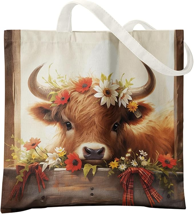 Western Highland Cow Canvas Tote Bag - Highland Cow Lover Gifts,Canvas Shoulder Bag for Women for Girls