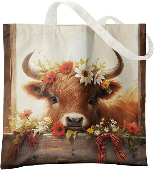 Western Highland Cow Canvas Tote Bag - Highland Cow Lover Gifts,Canvas Shoulder Bag for Women for Girls