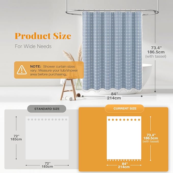 BTTN 84 Inch Wide Shower Curtain - W84xH72 Inch Boho Farmhouse Fabric Linen Shower Curtain Set with 14 Plastic Hooks, Large Country Elegant Water-Resistant Cloth Bath Curtains for Bathroom - Blue