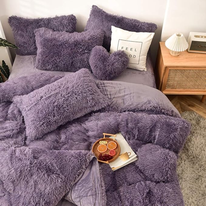 MorroMorn 5 PCS Shaggy Duvet Cover Bedding Set - Fluffy Comforter Cover Long Faux Fur Luxury Ultra Soft Cozy (Dark Purple, Full/Queen)