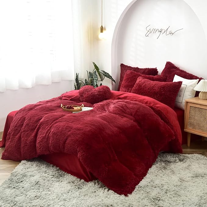 MorroMorn 5 PCS Shaggy Duvet Cover Bedding Set - Fluffy Comforter Cover Long Faux Fur Luxury Ultra Soft Cozy (Dark Red, Full/Queen)