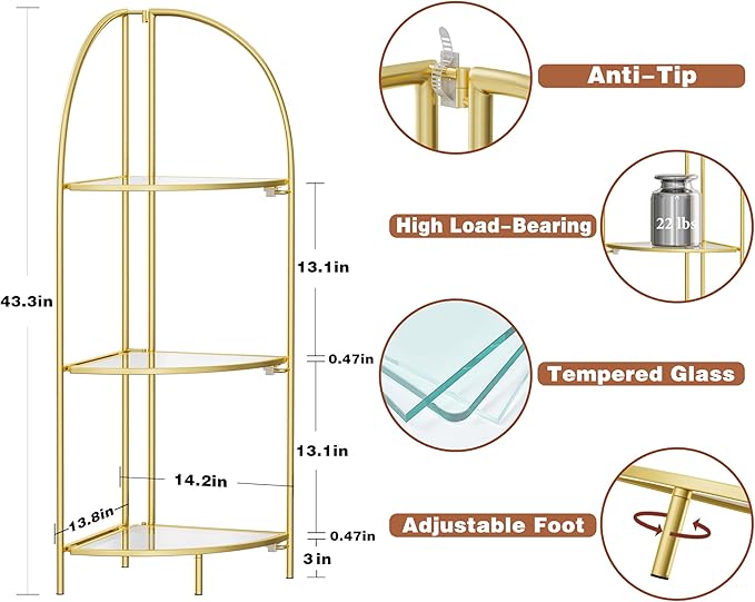 Crofy Foldable 3 Tier Corner Shelf, Metal Corner Plant Stand with Gold Frame and Transparent Shelves, Corner Display Rack Multipurpose Shelving Unit for Living Room, Bedroom, Bathroom