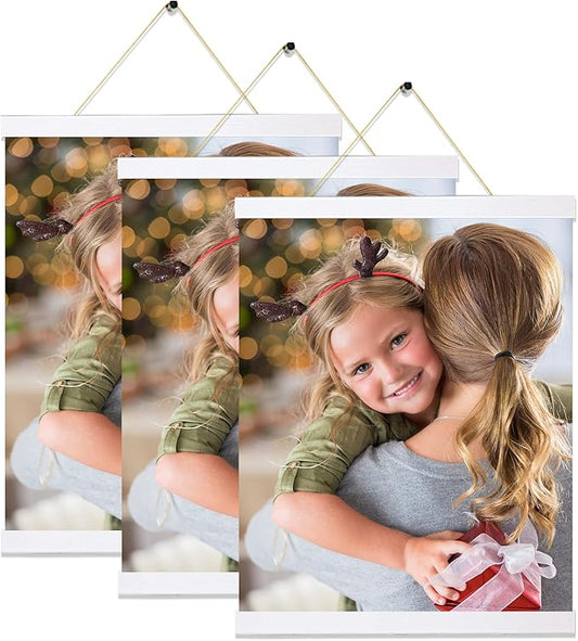 Picture Frame, 16 inch White Magnetic Poster Hanger, 3 Pack, for Wall Art Pictures Photos Prints Maps, Damage Free, Wide Compatibility, Wood Grain Finish