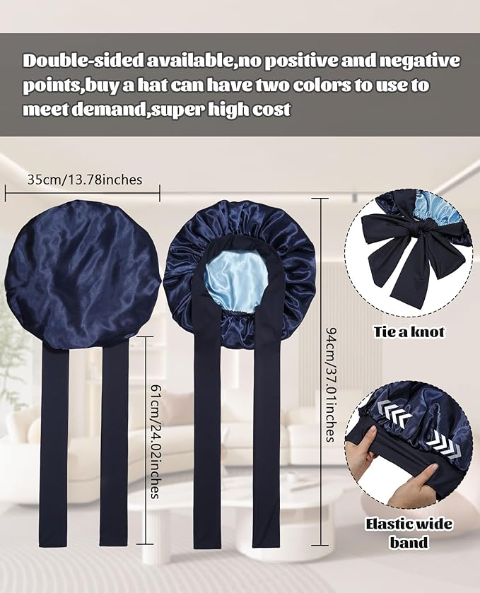 Satin Bonnet Silk Bonnet for Sleeping Silk Sleep Cap Double Layer Hair Bonnet with Elastic Tie Band for Curly Hair Night Cap (Navy Blue + Light Blue)